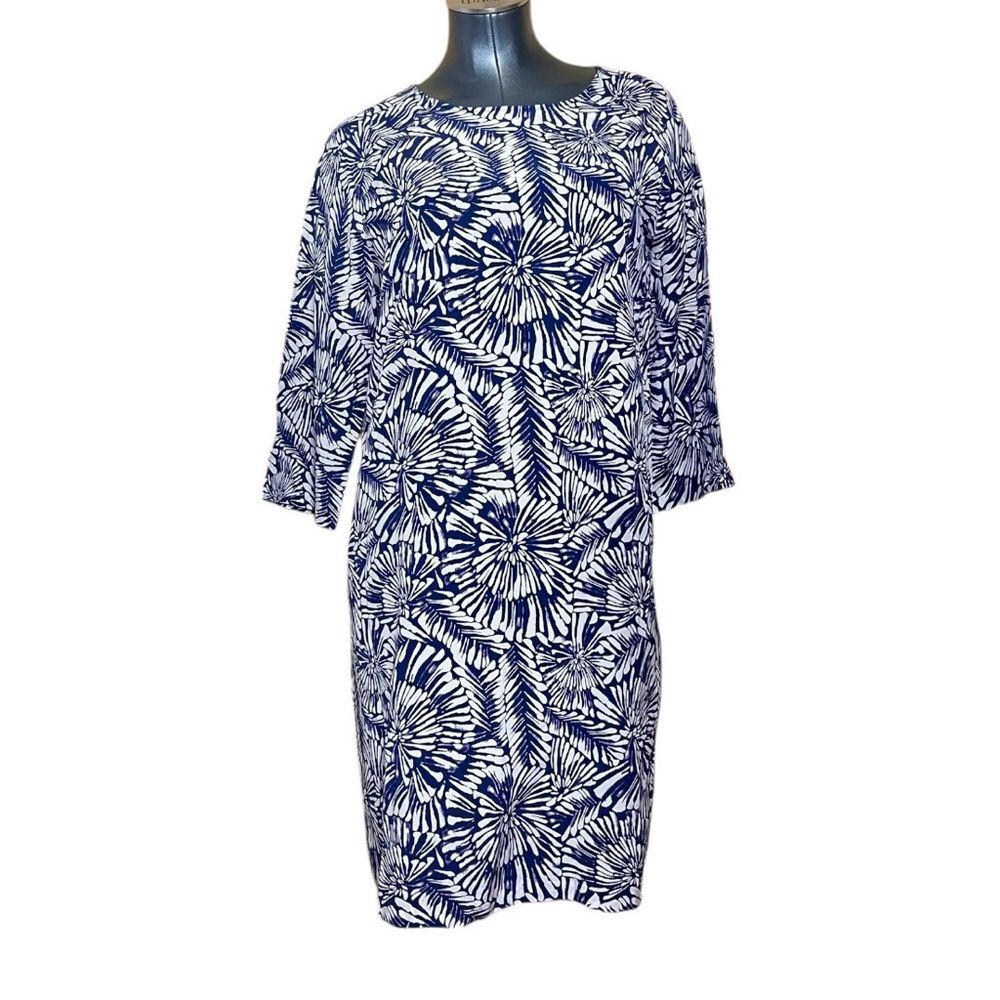 Garnet Hill 100% Silk Blue Burst Pattern Dress Midi Shift Size 4 Women’s